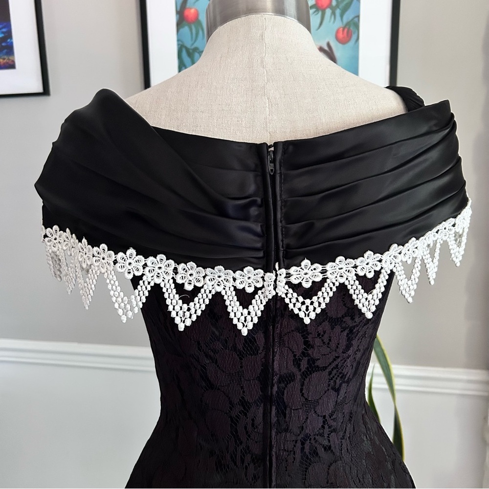 Vintage 80s Black Lace Dress Off Shoulder Gothic Prom Cocktail Size XS - Picture 7 of 12
